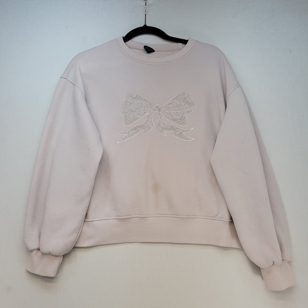 Dazy Sweatshirt Womens Medium Light Pink Coquette Lace Bow Pullover Fleece